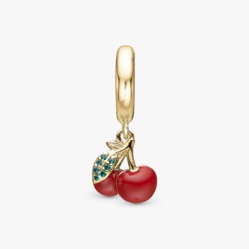 Forgyldt sølv charm til sølvarmbånd eller 4 mm slim læderarmbånd, Happy Cherries fra Christina Jewelry