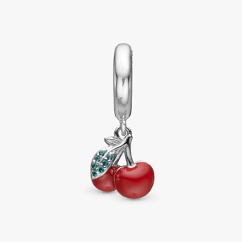 Sølv charm til sølvarmbånd eller 4 mm slim læderarmbånd, Happy Cherries fra Christina Jewelry