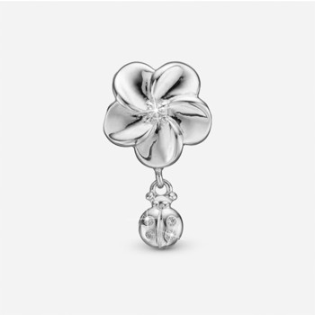Sølv charm til sølvarmbånd eller 4 mm slim læderarmbånd, Flower and Ladybird fra Christina Jewelry