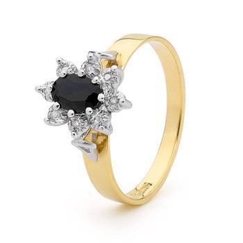 Guld fingerring, blomst af mørk safir og 8 stk 0,005 ct diamanter