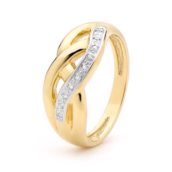 9kt "Bølge" guld ring med 10 diamanter diamanter - Ringmål 56