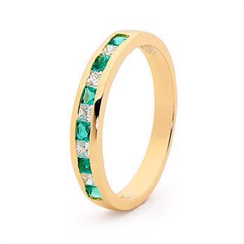 9 kt. gulds ring med diamanter og syntet smaragd