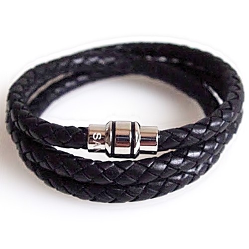 skind / sterling sølv Men\'s Jewellery sort 3-dobbelt læder armbånd, 20 cm med blank overflade fra San - Link of joy