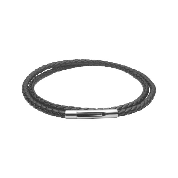 Blicher Fuglsang\'s Dobbelt herrearmbånd i stål og flettet sort læderkomposit - 19,5 cm langt (to gange rundt)