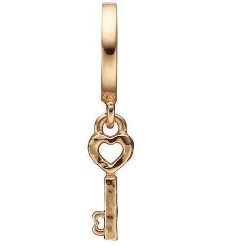 Image of Forgyldt sølv nøgle med hjerte charm til læderarmbånd Key to my Heart med blank overflade fra Christina Collect