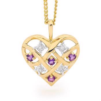 Guld hjerte vedhæng med 4 x 0,005 ct diamant og 4 x Amethyst