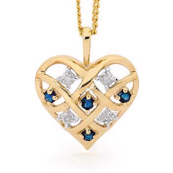 Guld hjerte vedhæng med 4 x 0,005 ct diamant og 4 x safir