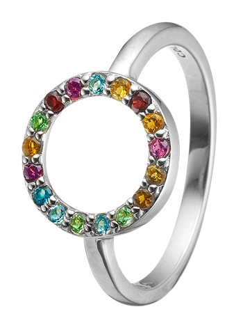 UrogSmykker.dk har Model 7.1.A-61, Smuk ring med cirkel besat med 17 forskellige ægte sten