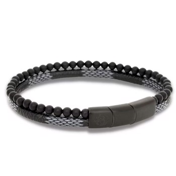 BENSON - Beads armbånd i sort/grå med læder rem, by Billgren - X-Large, 22 cm