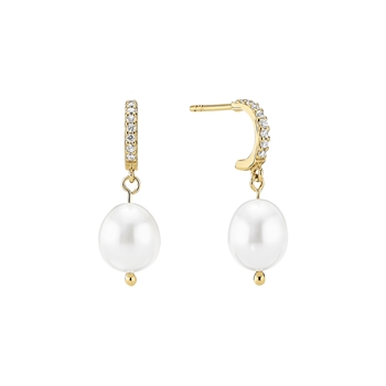 Ørestik med ferskvandsperle 8-8,5mm og zirkonia  forgyldt sterling sølv