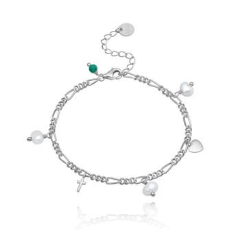 Trust Hope Love, Smukt armbånd af sølv Figaro-kæde med perler, samt Tro, Håb og Kærlighed vedhæng fra danske WiOGA