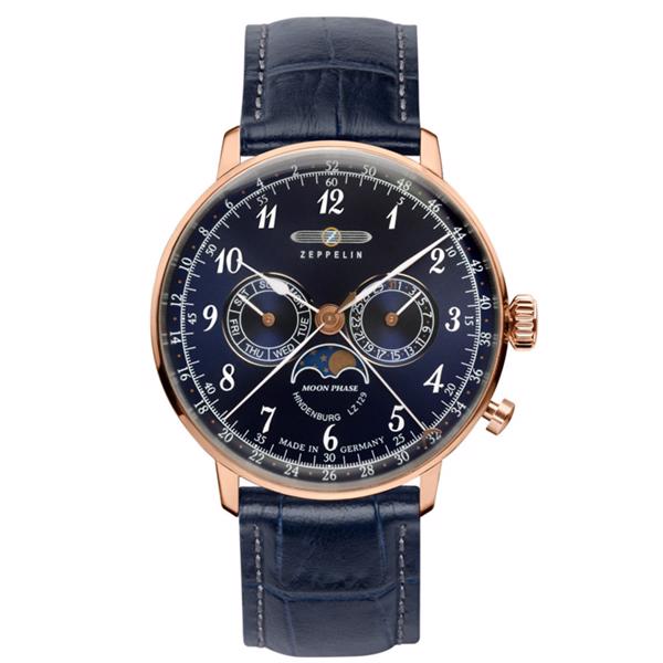LZ129 Hindenburg Moonphase blank rosa forgyldt stål Ronda 706B Herre ur fra Zeppelin, 7038-3
