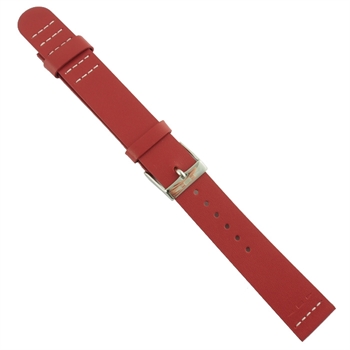 Rød high fashion urrem med hvide detalje stikninger i bredden 18 mm, 160 mm lang og med rustfrit eller forgyldt stål spænde.