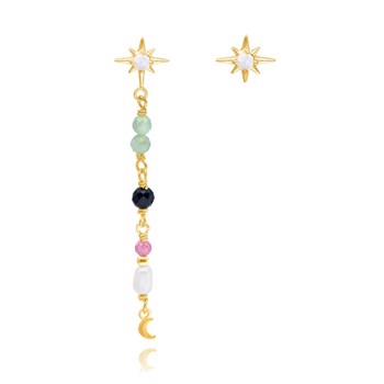Estelle, Asymetrisk par af øreringe, forgyldt sølv med stjerne, samt kæde, farvede smykkesten og lille måne fra danske WiOGA