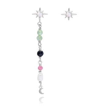 Estelle, Asymetrisk par af øreringe, sterling sølv med stjerne, samt kæde, farvede smykkesten og lille måne fra danske WiOGA