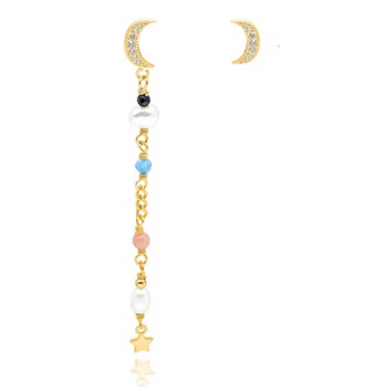 Evonne Asymetrisk par af øreringe, Forgyldte sølv øreringe med måne, samt kæde, farvede smykkesten og lille stjerne fra danske WiOGA