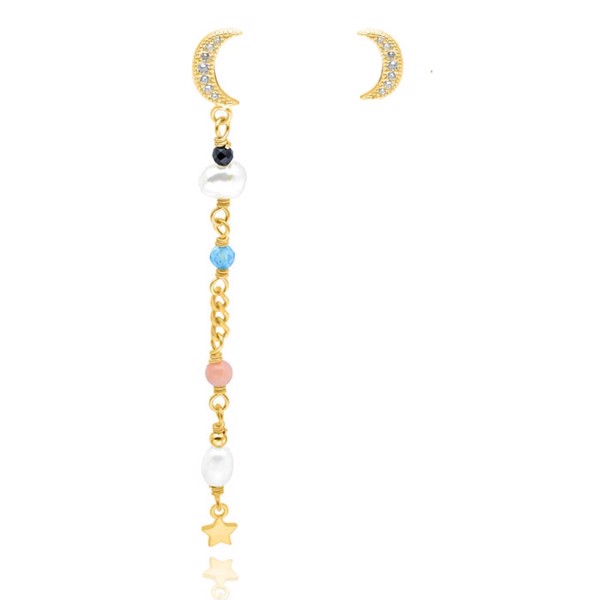 Evonne Asymetrisk par af øreringe, Forgyldte sølv øreringe med måne, samt kæde, farvede smykkesten og lille stjerne fra danske WiOGA