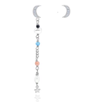Evonne Asymetrisk par af øreringe, sølv øreringe med måne, samt kæde, farvede smykkesten og lille stjerne fra danske WiOGA