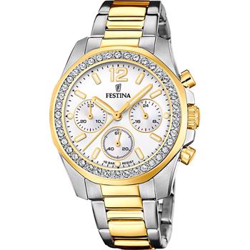 Ladies Chronograph Forgyldt stål og stål med zikoner quartz dame ur fra Festina, F20607/1