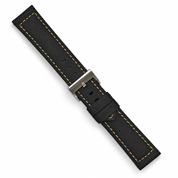 Marina sort nubuck urrem med hvide syninger fra Fluco, 20-24 mm, her 24 mm fra Søgaard