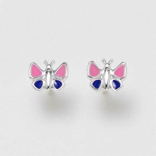 Søde børne sommerfugle ørestikker i sølv med lyserød og blå emalje