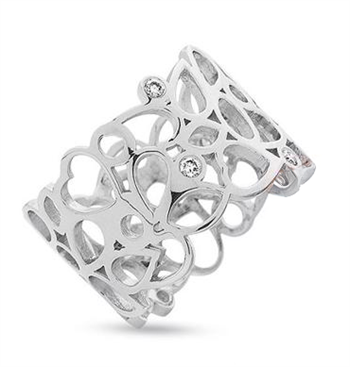 14 karat hvidgulds ring med 6 x 0,02 ct diamanter og hjerter, 53 med blank overflade