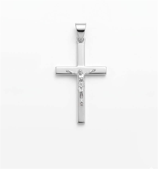 Bredt stolpe kors med Jesus fra BNH i blank sterling sølv, Mellem - 17 x 27 mm