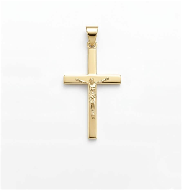 Bredt stolpe kors med Jesus fra BNH i blank 14 karat, Stor - 21,5 x 34 mm