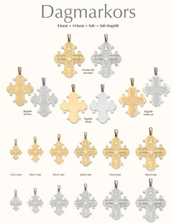 Dagmarkors oversigt på Guldsmykket.dk - 6 størrelser, 4 metaler og 3 typer