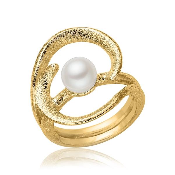 Blicher Fuglsang\'s Ring i guldbelagt sølv med perle