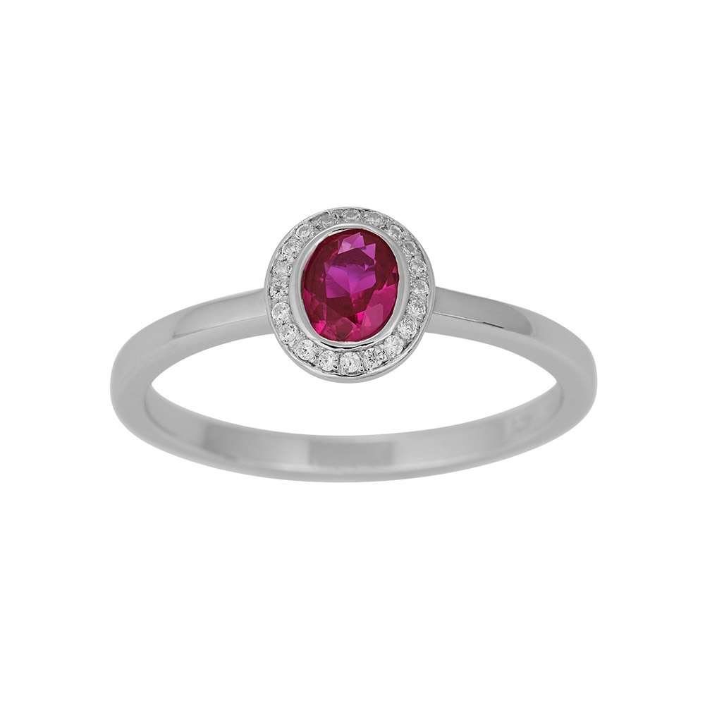 Siersbøl\'s Rhod. Sølv roset ring m. synt. 4x5mm Rubin + cz