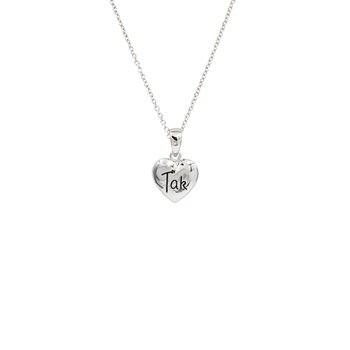Vedhæng sølv rhodineet massiv hjerte med teksten Tak med kæde, fra L&G