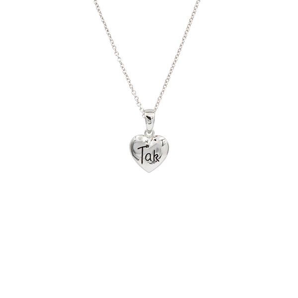 Vedhæng sølv rhodineet massiv hjerte med teksten Tak med kæde, fra L&G