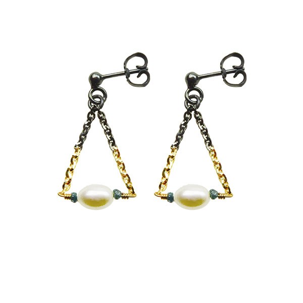 San - Links of Joy\'s Earrings 925/585 - Oxidised  w.Pearls & Blue Diamonds Pr.par