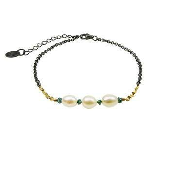 San - Links of Joy's Bracelet & Necklace 925/585 -Oxidised w.Pearls & Blue Diamonds 18+4cm