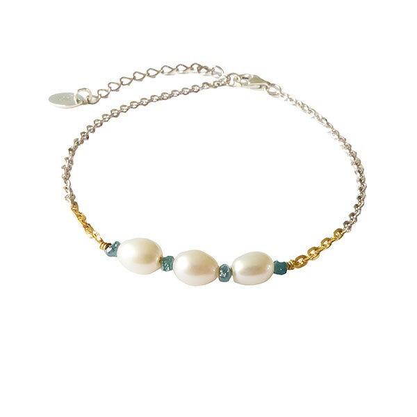 San - Links of Joy\'s Bracelet & Necklace 925/585 - Rhodium w.Pearls & Blue Diamonds 18+4cm