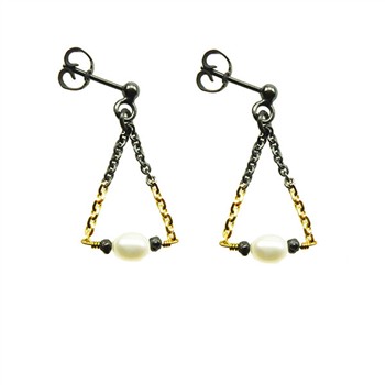San - Links of Joy's Earrings 925/585 - Oxidised w.Pearls & Black Diamonds Pr.par
