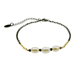 San - Links of Joy's Bracelet & Necklace 925/585 - Oxidised w.Pearls & Black Diamonds 42+8cm