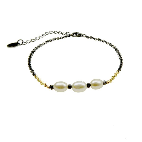 San - Links of Joy\'s Bracelet & Necklace 925/585 - Oxidised w.Pearls & Black Diamonds 42+8cm