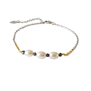 San - Links of Joy's Bracelet & Necklace 925/585 -Rhodium w. Pearls & Black Diamonds 18+4cm