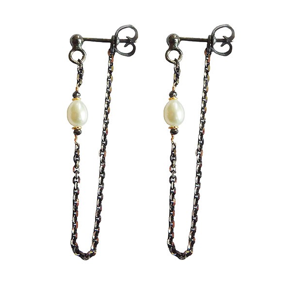San - Links of Joy\'s Earrings 925/585 - Black Rhodium w.Pearls & Black Diamonds Pr.par