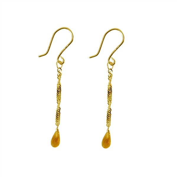 Elegant øreringe med gul/orange dråbesten, snoet metalstang og fransk ørekrog i 14kt guld.