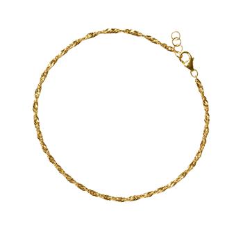 Elegant snoet armbånd i guld med karabinlås og forlængerringe på hvid baggrund.