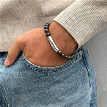 Blicher Fuglsang's Armbånd i stål med bronzite natursten og kors - 21 cm langt
