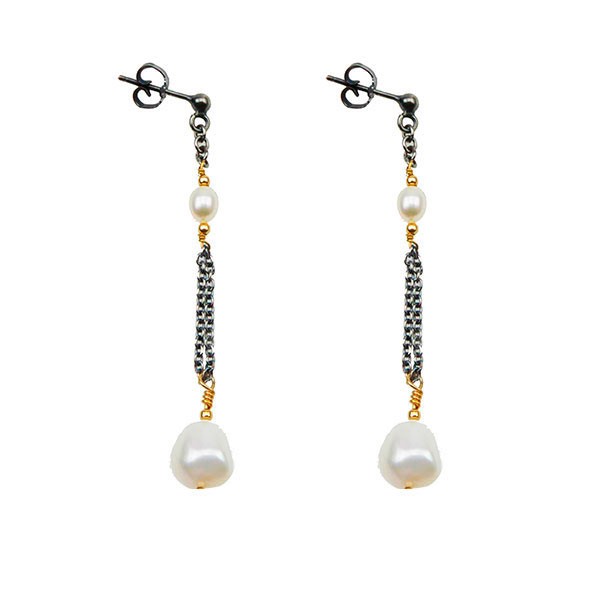San - Links of Joy\'s Øreringe i sterlingsølv m.14kt guld & ferskvandsperler Pr.par