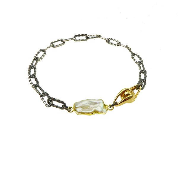 San - Links of Joy\'s Armbånd & halskæde - Oxyderet/Forgyldt m.Magnetlås & Barok Perle 17cm